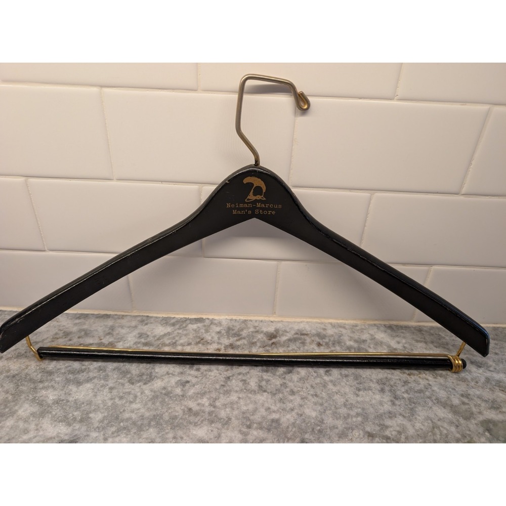 Vintage Neiman Marcus Wooden Suit Hanger Black Gold Hook Designer Closet